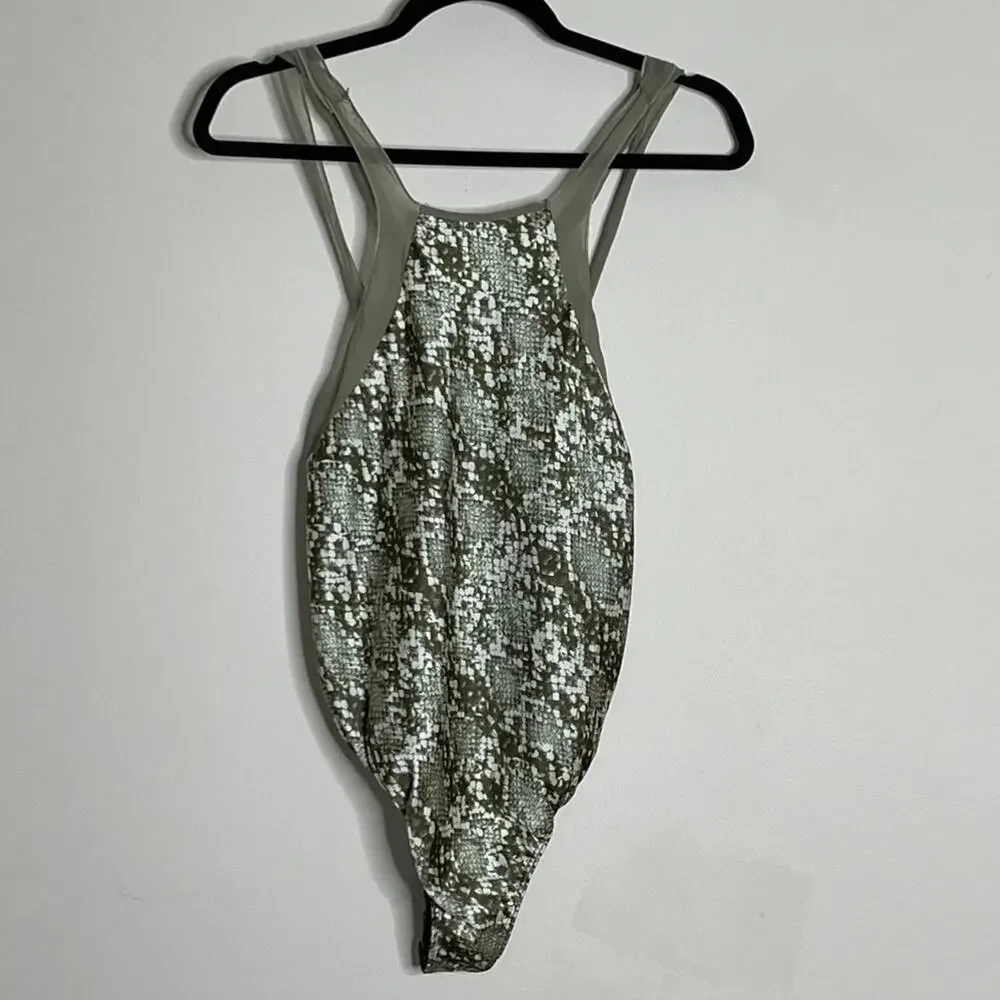 Free People Moss Green Nights Out Snakeskin Print Bodysuit Size XS